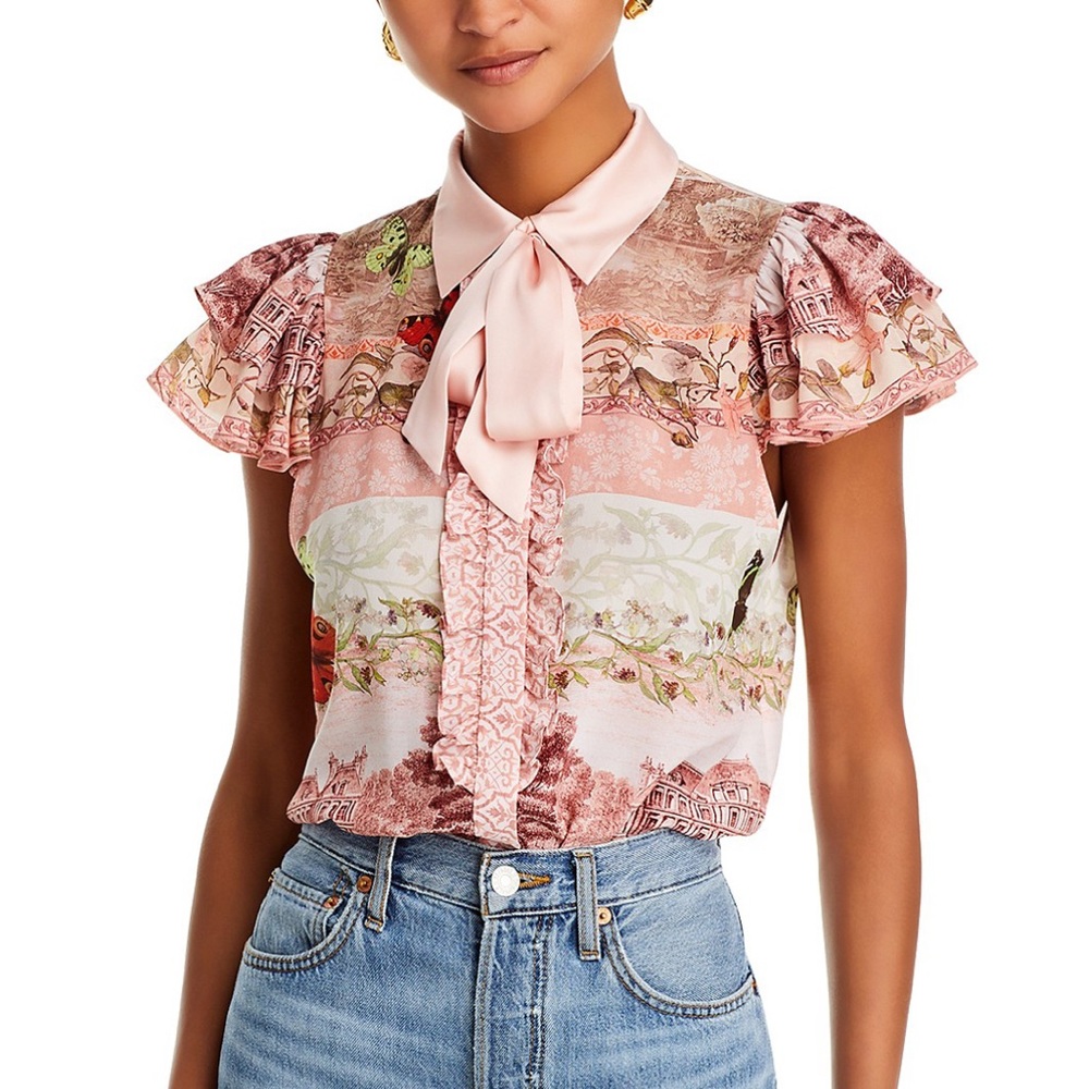 alice + olivia | Pink Versailles Minda Ruffle Tiered Short Sleeve Tie Top, M